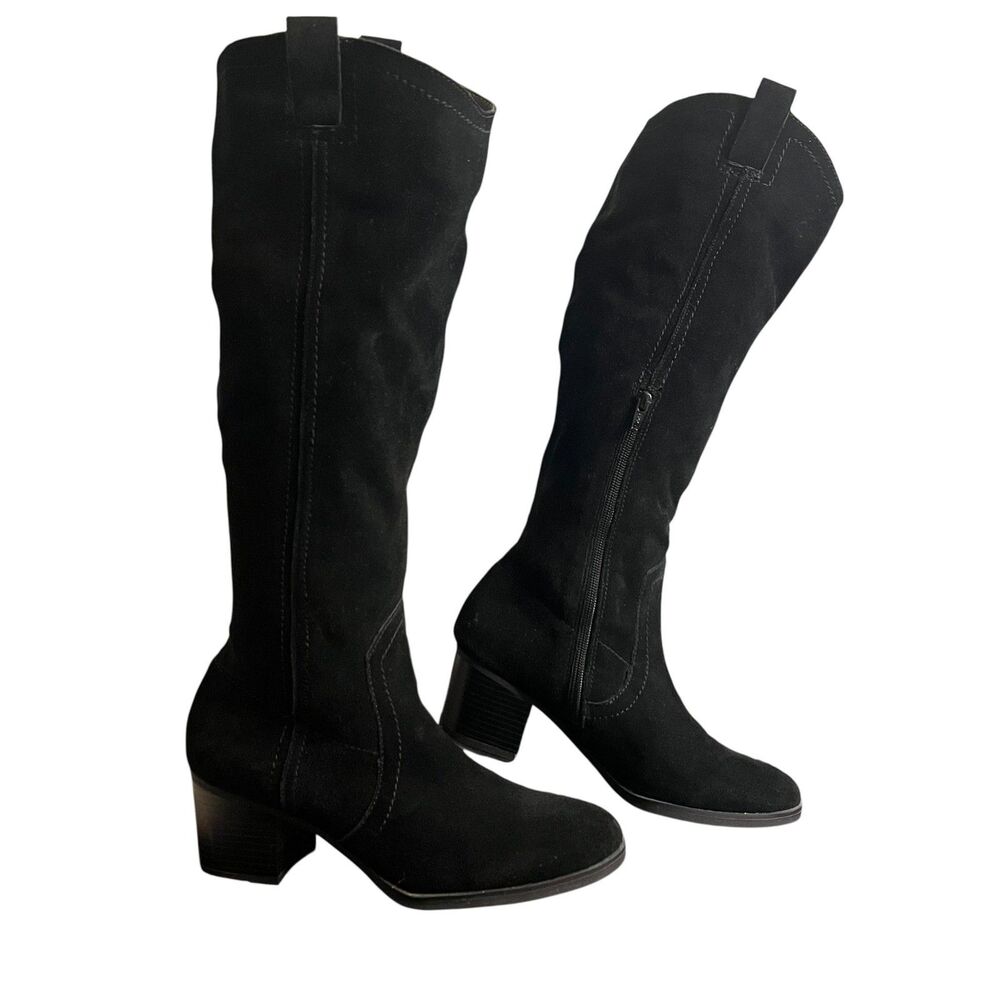 White Mountain Boots Womens Size 10 Black Leather Upper Block Heel Knee High Zip